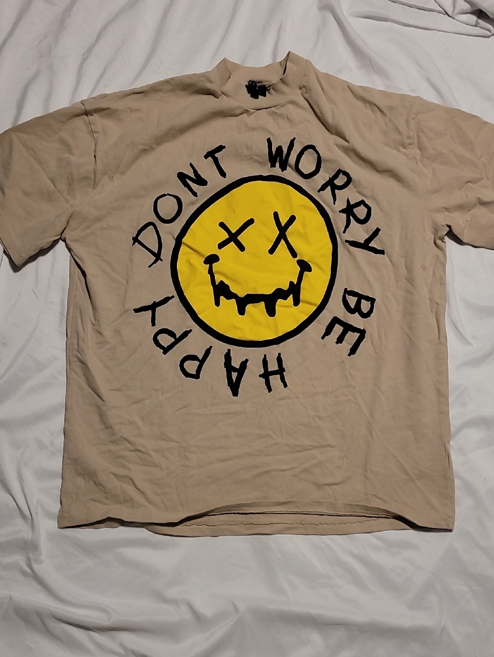 Mens Beige Graphic Tee with Yellow Smiley